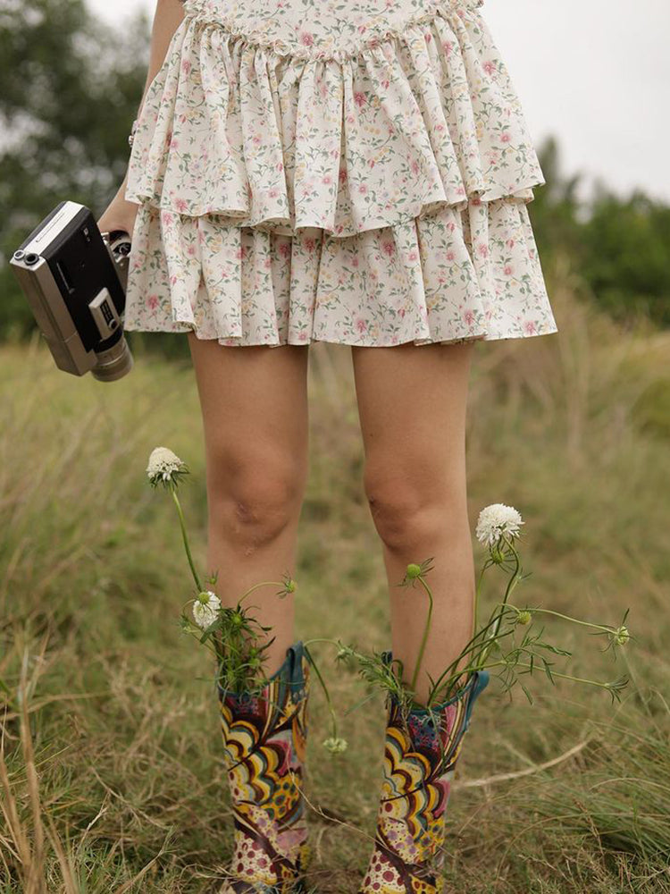 French Romantic Strap Floral Printing Summer Fashion Chic Ruffles Pleated Dress Mini Double Layer Dress The Clothing Company Sydney