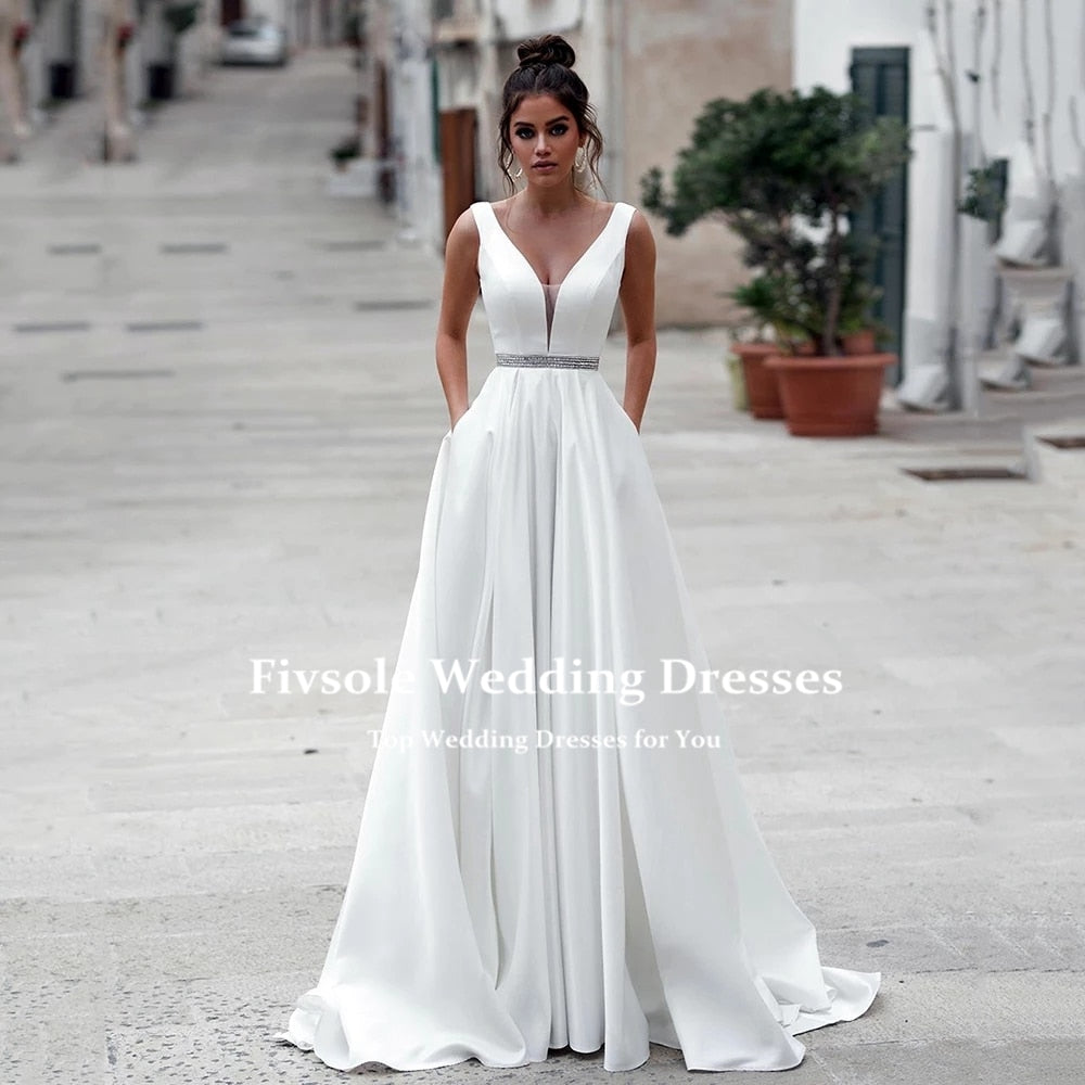 Satin Beach Beaded Sash A Line Long Beach Brides Wedding Gowns Fashion Open Back Robe Wedding Dress The Clothing Company Sydney