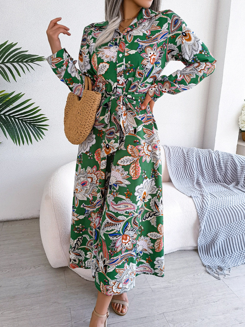 Spring Summer Retro Floral Collar Long Sleeve Tie Up Shirt Dress For Ladies Fashion All Match Print Dresses The Clothing Company Sydney