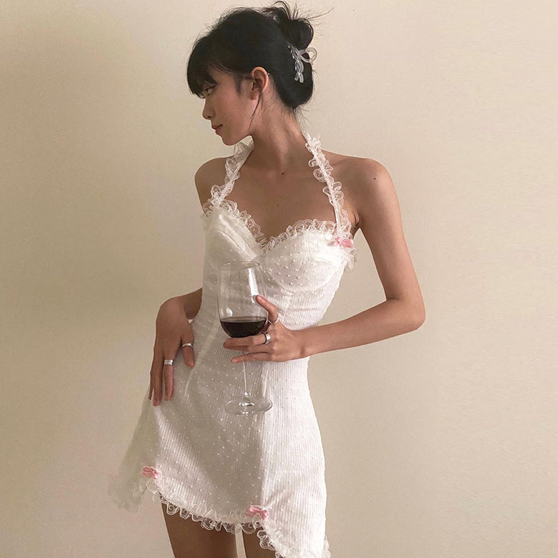 y2k Ruffles Bow Cute Sweet Sundress Fairycore Backless Party Beach Halter Zip Bodycon Mini Dress The Clothing Company Sydney
