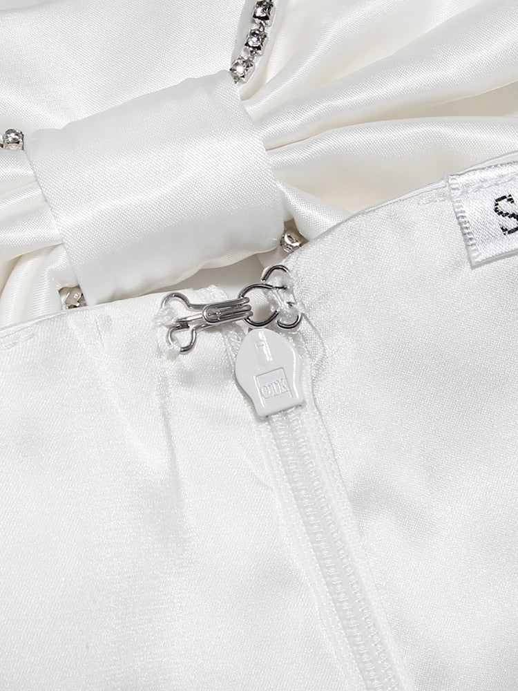 Satin Strapless White Bodycon Dress Mini Diamonds Bow Wedding Guest Night Party Dresses Summer Women's Dress The Clothing Company Sydney