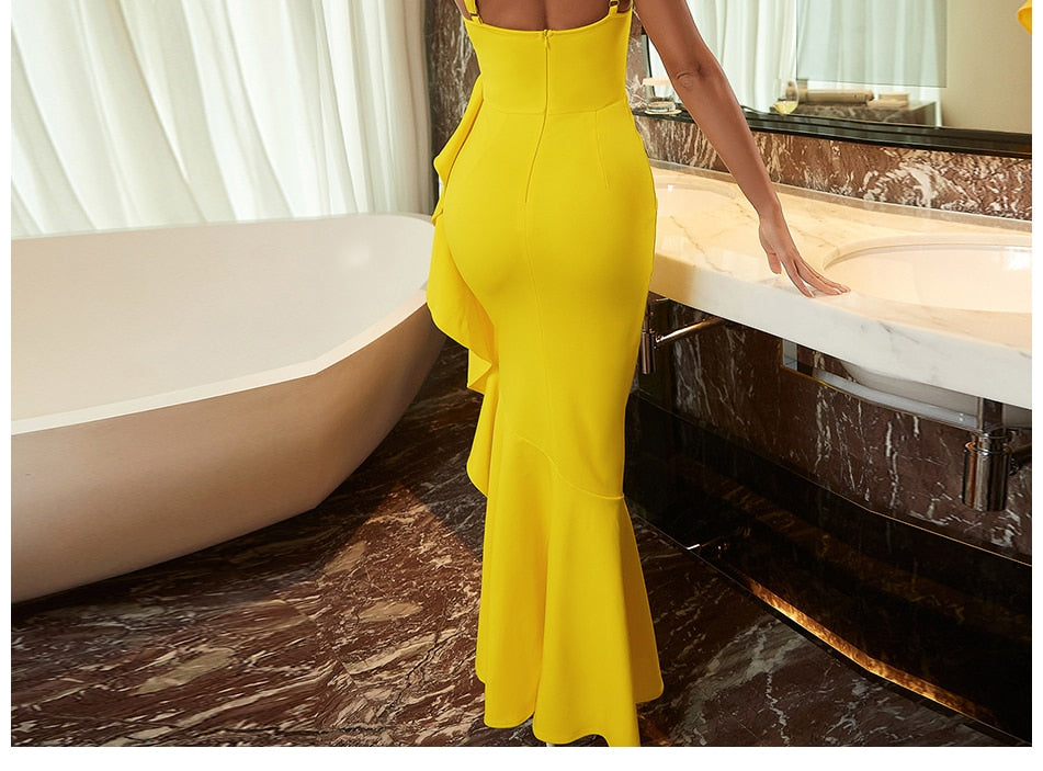 Ruffles Spaghetti Strap Fashion Dress Summer V Neck Yellow Sleeveless Celebrity Evening Club Casual Party Maxi Dress The Clothing Company Sydney