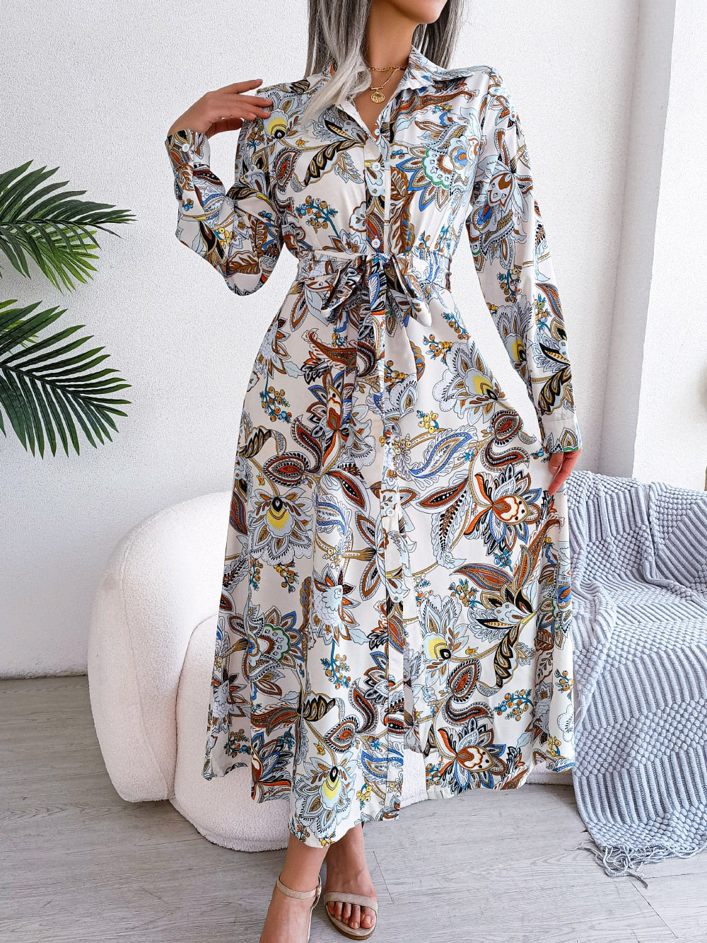 Spring Summer Retro Floral Collar Long Sleeve Tie Up Shirt Dress For Ladies Fashion All Match Print Dresses The Clothing Company Sydney