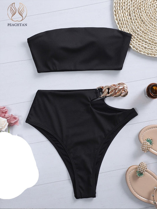 High Waist Swimwear Chain Swimsuit Bandeau 2 Piece Sports Bathing Suit Ribbed Set The Clothing Company Sydney