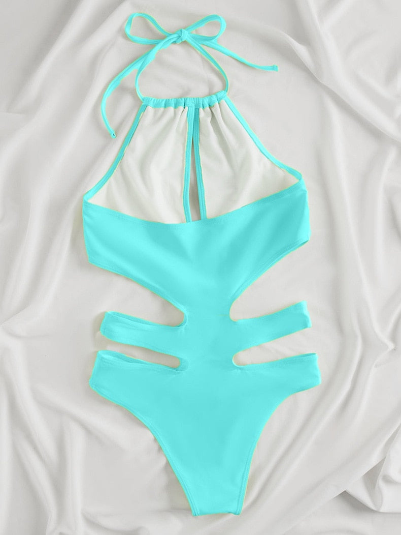 Solid Tied Halter Swimwear Women High Waist Push Up Hollow One Piece Swimsuit Monokini Summer Bathing Suit The Clothing Company Sydney