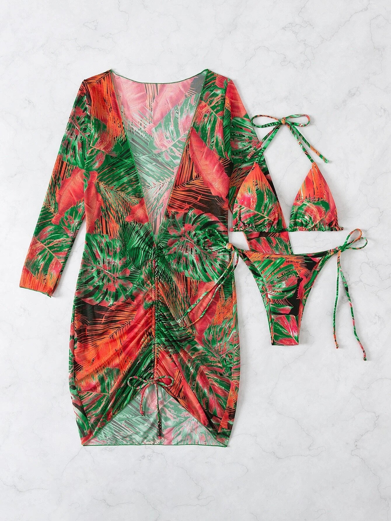 Slit Cuff Plunge Neck Three Piece Bikini Set with Cover Up Plain Swimsuit Women Swimwear Summer Beach Bathing Suit The Clothing Company Sydney