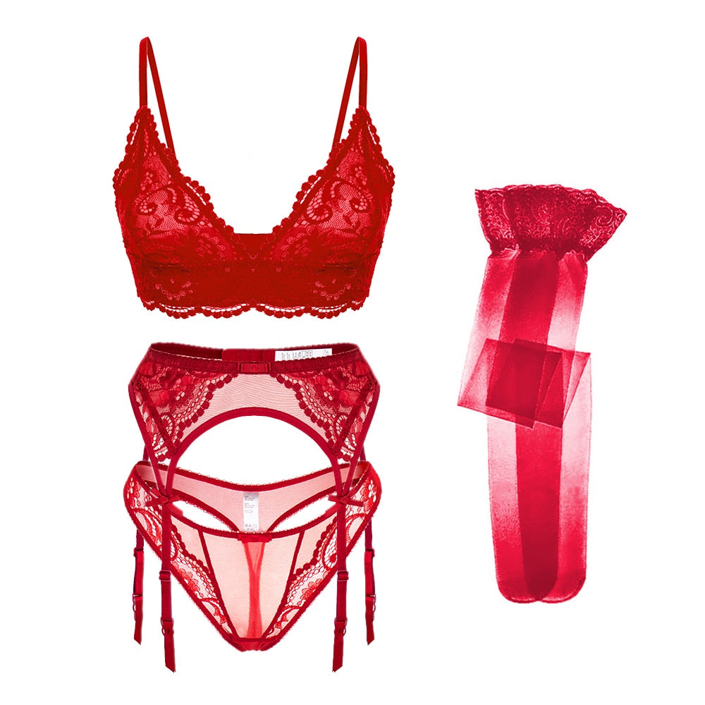 4 Piece Underwear Bra Lingerie Lace Summer Bra +Panty +Garter +Stockings Set The Clothing Company Sydney