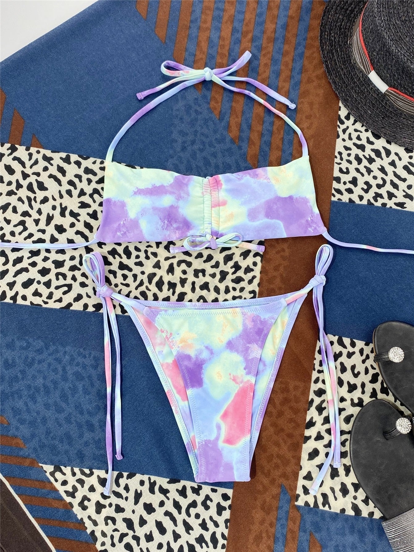 Tie Dye Drawstring Front Thong Bikini Swimsuit Two Piece Swimwear Bikini Set Summer Beach Bathing Suit The Clothing Company Sydney