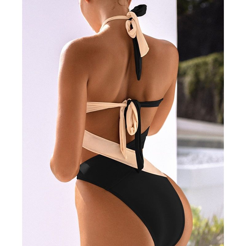 Cut Out Swimsuit One Piece Colorblock Swimwear Wrap Halter Monokini High Cut Bathing Suit Bodysuit Beachwear The Clothing Company Sydney