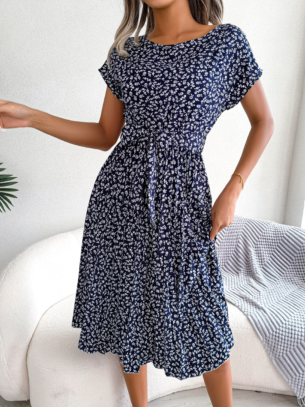 Floral Pleated A Line Long Dress Spring Summer Short Sleeve High Waist Chic Dress The Clothing Company Sydney