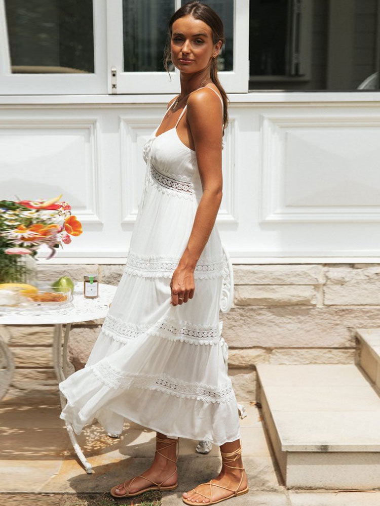 White Spaghetti Straps Dress Elegant Summer Holiday Hollow Out Long Beach Sundress Soft Smock Split Dress The Clothing Company Sydney