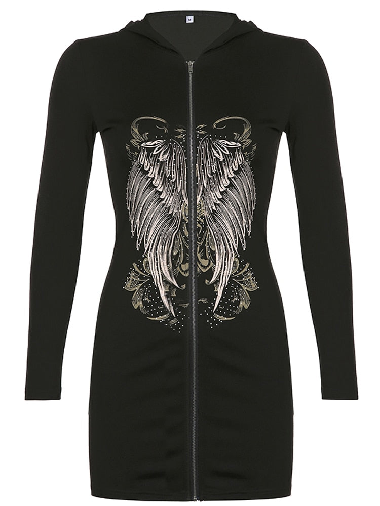 Gothic Grunge Fairycore Wings Printed Graphic Zipper Hooded Bodycon Dark Academia Autumn Mini Dresses Y2K Dress The Clothing Company Sydney