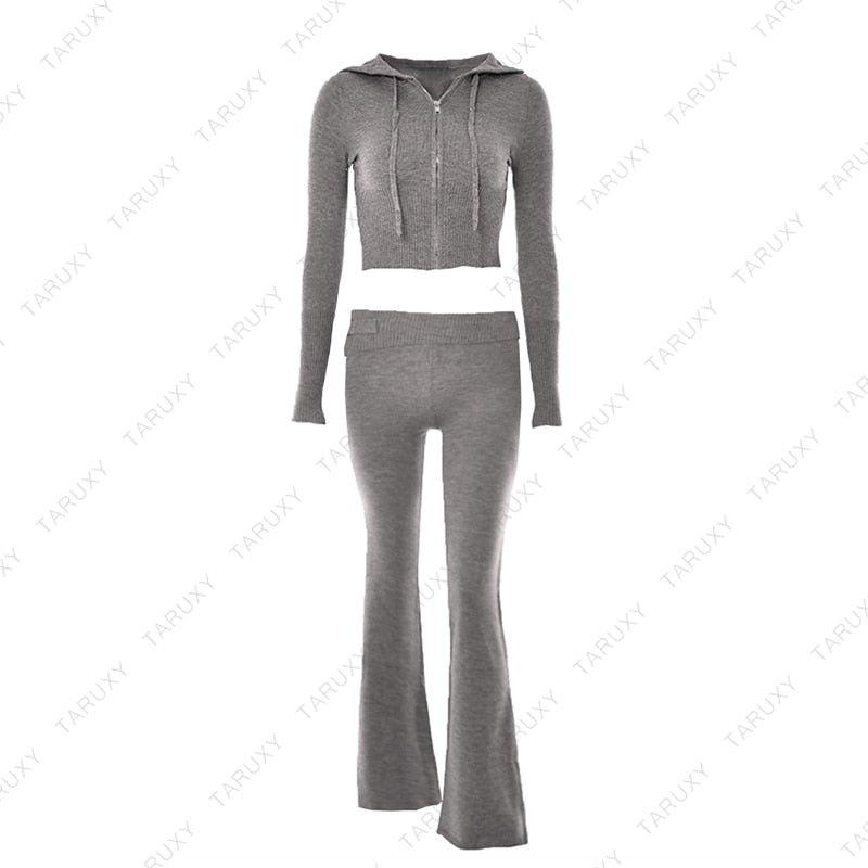 Women's Spring Outfits Casual Zipper Sweater Hoodie Set High Waist Flare Pants Suits Pink Knitted Y2k Two Piece Set The Clothing Company Sydney