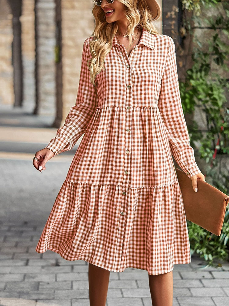 Casual Plaid Shirt Dress For Women Turn Down Long Sleeve Maxi Dress Vintage Single Breasted Patchwork Spring Autumn Dress The Clothing Company Sydney