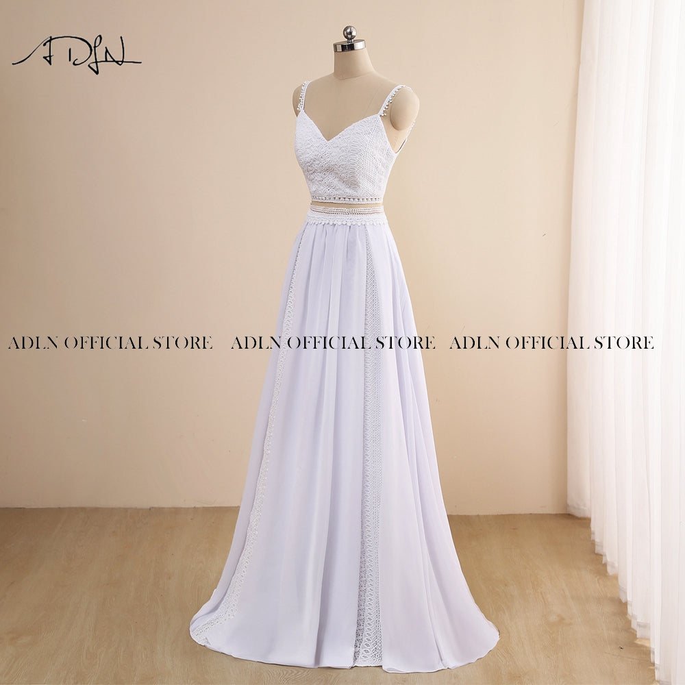 Charming Two Piece Boho Spaghetti Straps White/Ivory Chiffon Beach Bridal Gown Wedding Dress The Clothing Company Sydney