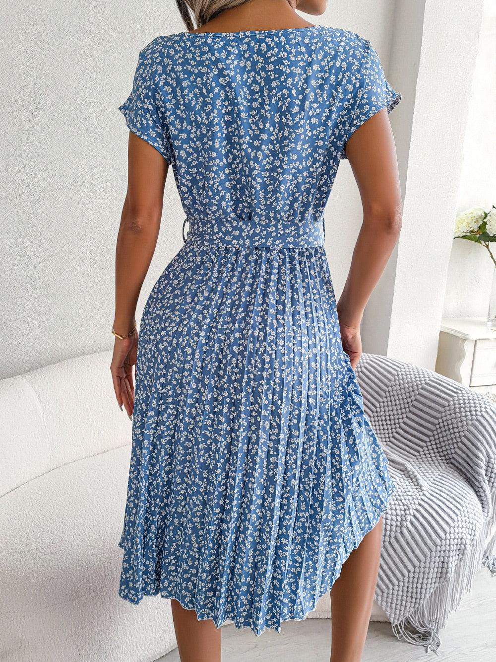 Floral Pleated A Line Long Dress Spring Summer Short Sleeve High Waist Chic Dress The Clothing Company Sydney