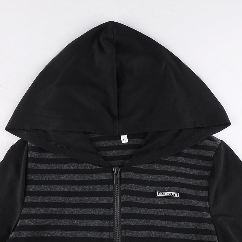 Grunge Goth Stripe Hooded Female T-shirt Zipper Y2K Crop Top Dark Academia Basic Summer Tee Outfits Vintage Top The Clothing Company Sydney