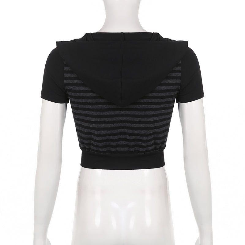 Grunge Goth Stripe Hooded Female T-shirt Zipper Y2K Crop Top Dark Academia Basic Summer Tee Outfits Vintage Top The Clothing Company Sydney