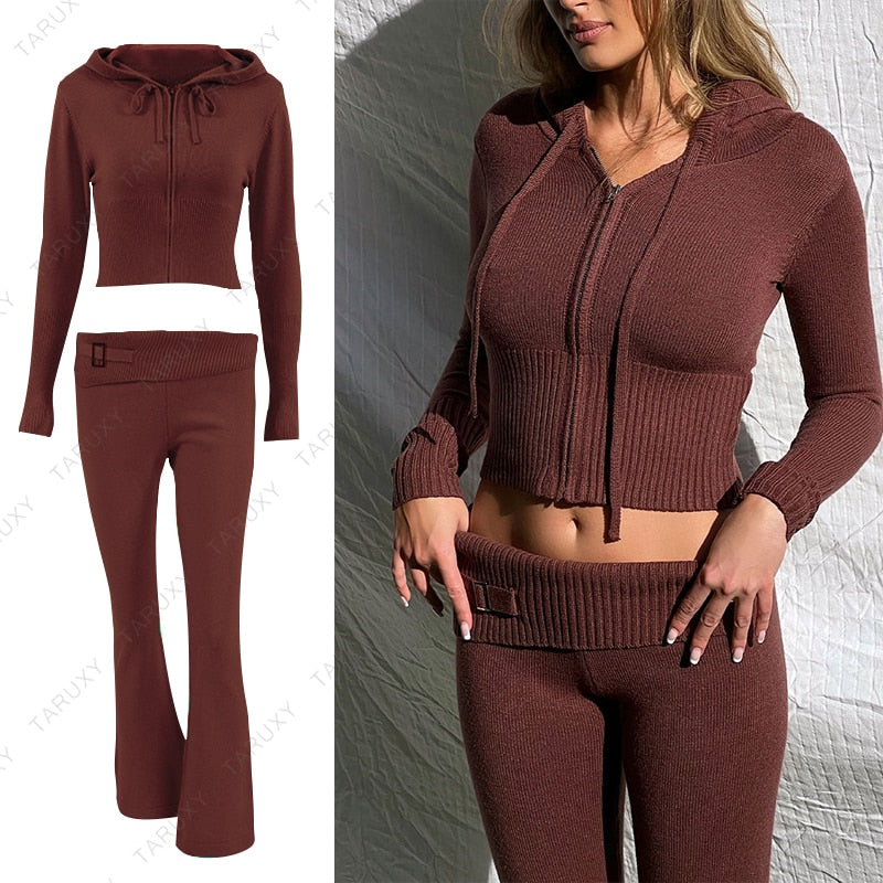 Women's Spring Outfits Casual Zipper Sweater Hoodie Set High Waist Flare Pants Suits Pink Knitted Y2k Two Piece Set The Clothing Company Sydney