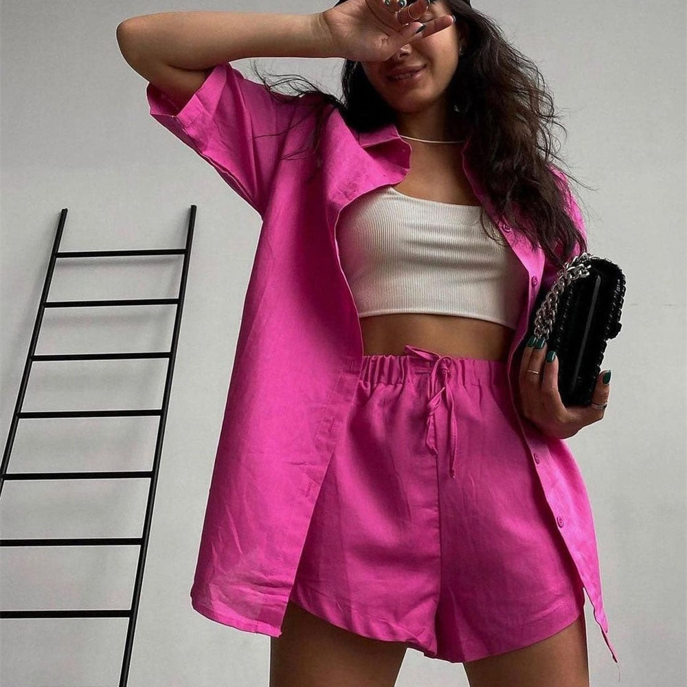 2 Piece Long Sleeve Shirt With Mini Shorts Cotton Stretch Waist Two Pieces Ladies Outfits Blouses Fashion Set The Clothing Company Sydney