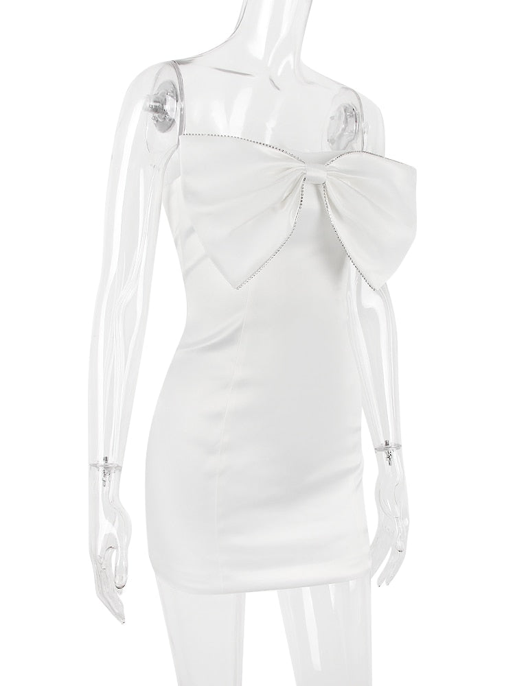 Satin Strapless White Bodycon Dress Mini Diamonds Bow Wedding Guest Night Party Dresses Summer Women's Dress The Clothing Company Sydney