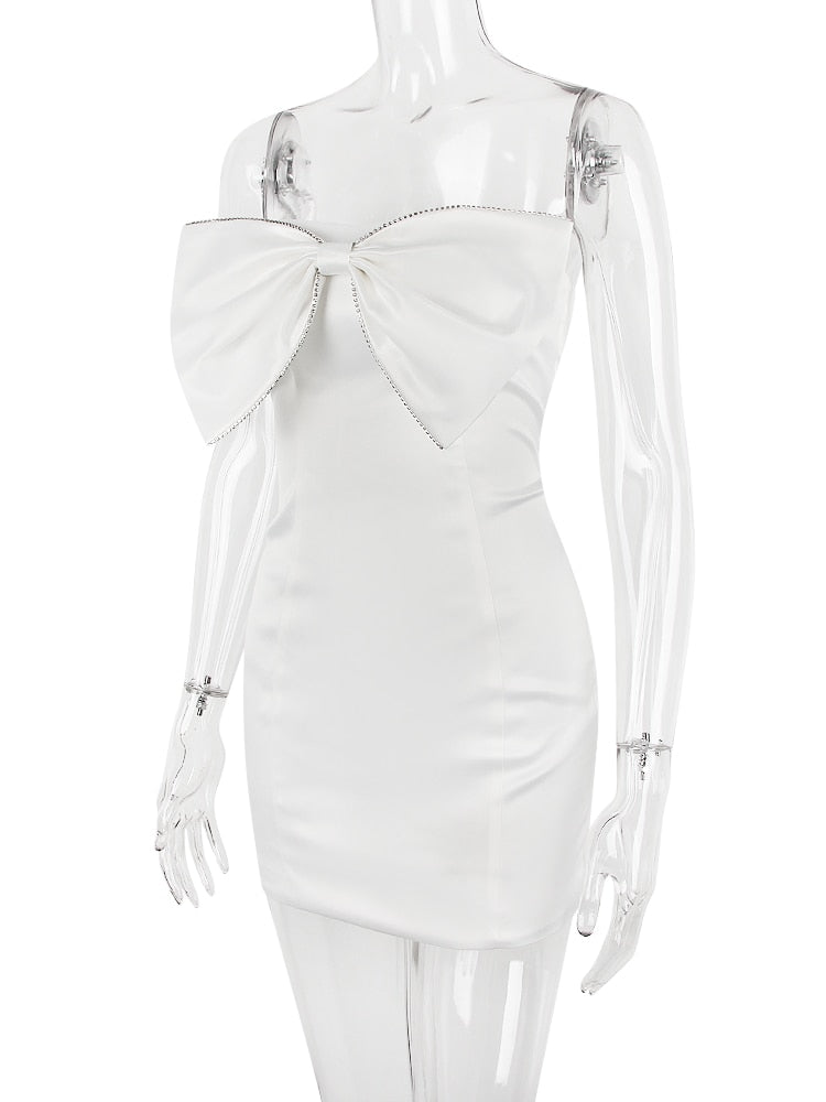 Satin Strapless White Bodycon Dress Mini Diamonds Bow Wedding Guest Night Party Dresses Summer Women's Dress The Clothing Company Sydney