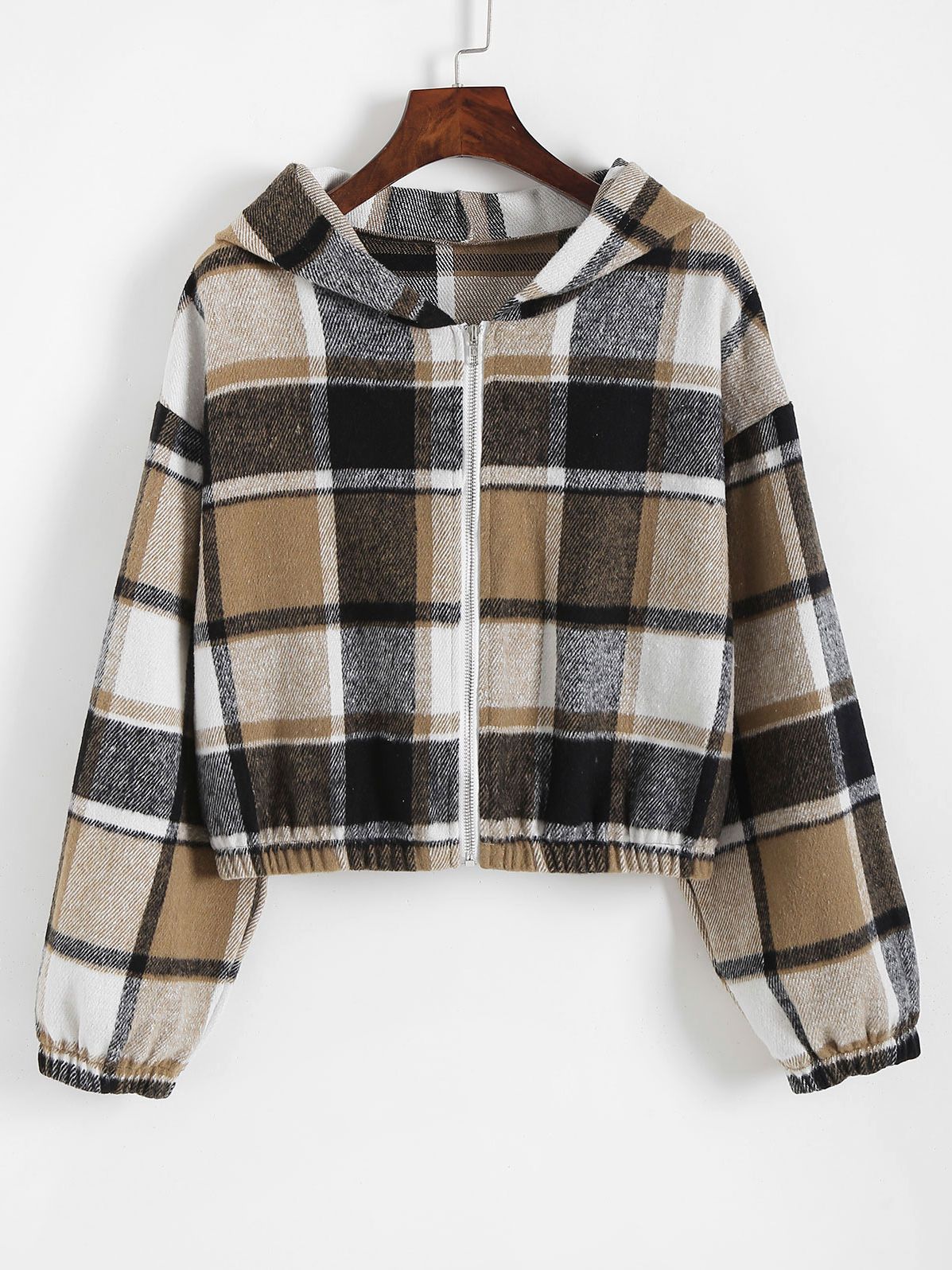 Plaid Flannel Flap Pocket Zip Hooded Jacket Women's Drop Shoulder Coat Zip Up Short Jacket Winter Outwear The Clothing Company Sydney