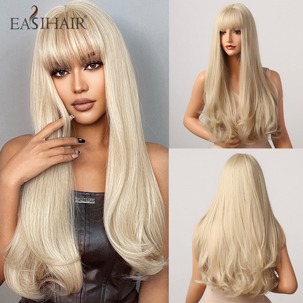 Ombre Gray Ash Wavy Wigs with Bang Light Blonde Platinum Synthetic Long Hair for Women Daily Party Heat Resistant Fiber Wigs The Clothing Company Sydney