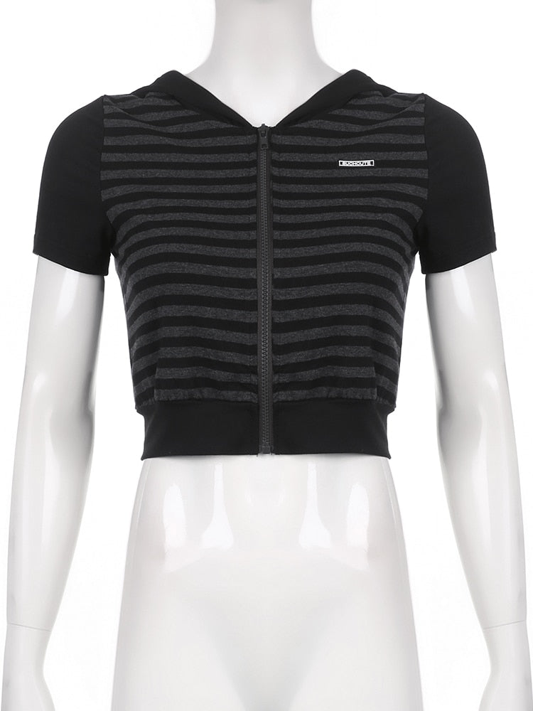 Grunge Goth Stripe Hooded Female T-shirt Zipper Y2K Crop Top Dark Academia Basic Summer Tee Outfits Vintage Top The Clothing Company Sydney