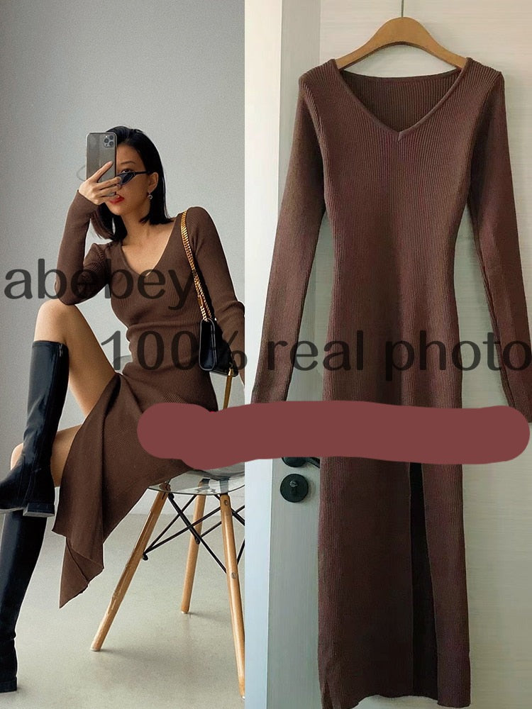 Long Sleeve slit sweater dress slim tight fitting hip knit over the knee dresses The Clothing Company Sydney