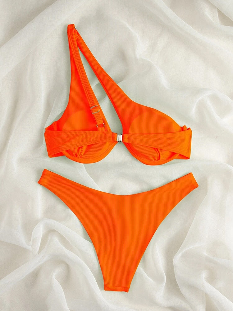 2 Piece Ribbed Bikini One Shoulder Swimwear Swimsuit Push Up Bikini Set High Cut Bathing Suit Brazilian Bikini Set The Clothing Company Sydney