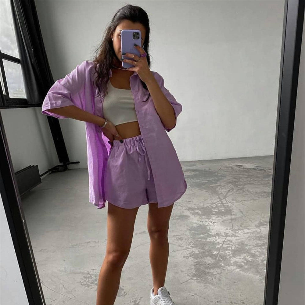2 Piece Long Sleeve Shirt With Mini Shorts Cotton Stretch Waist Two Pieces Ladies Outfits Blouses Fashion Set The Clothing Company Sydney