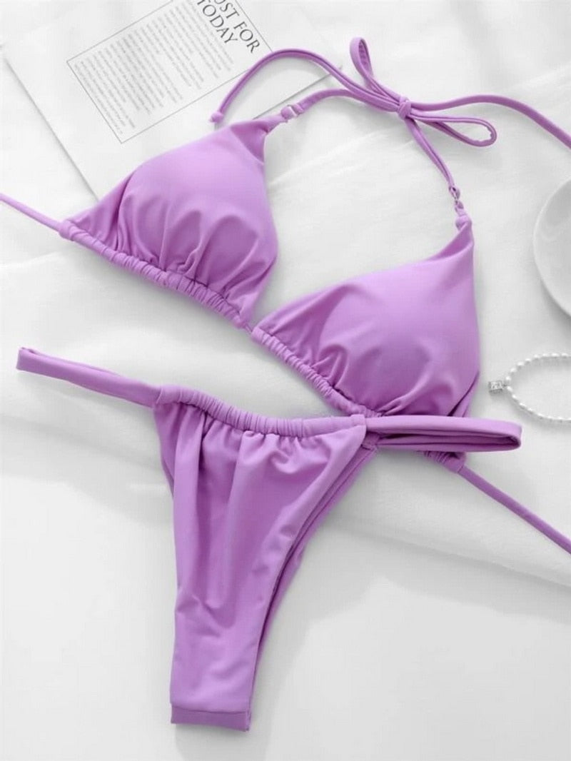 2 Piece Solid Brazilian Bikini Micro Halter Swimwear T-back Swimsuit Thong Bikini Set Bathing Suit The Clothing Company Sydney