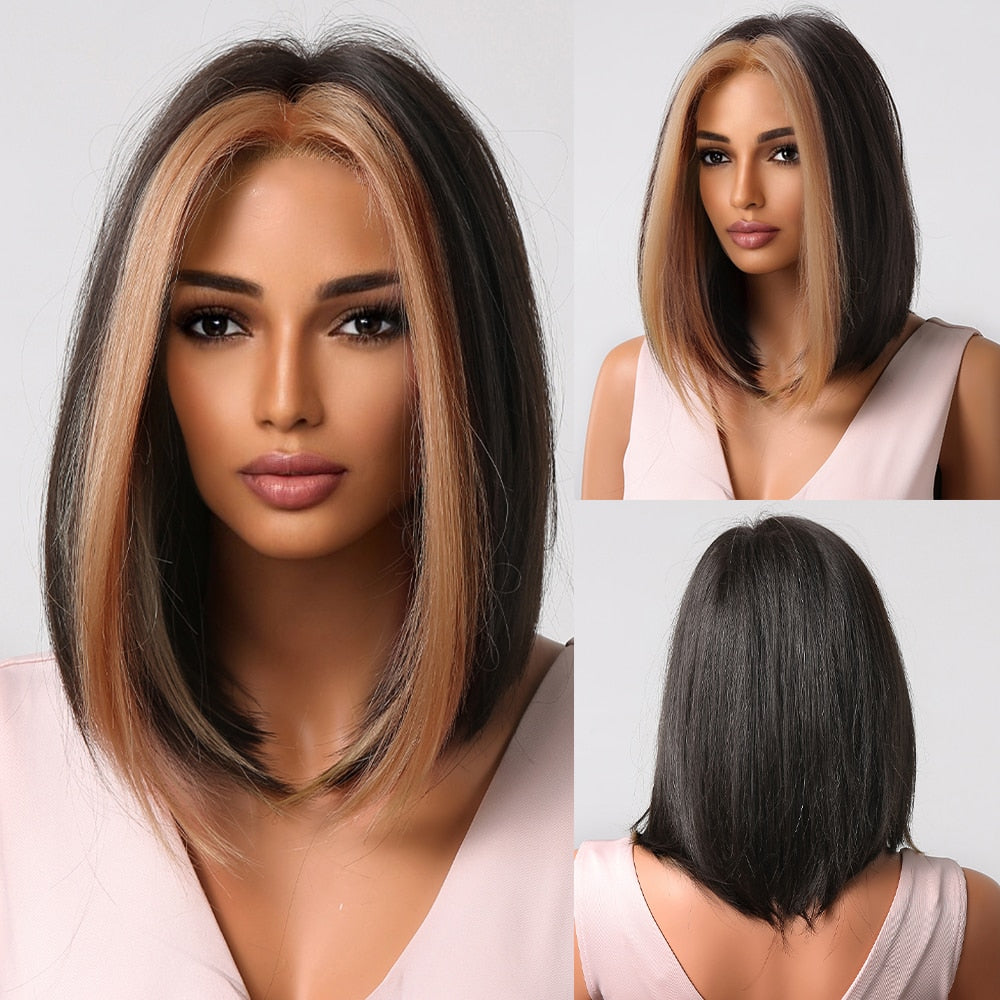 Short Straight Synthetic Wigs for Women Blonde to Brown Ombre Bob Wigs with Bangs Daily Cosplay Party Heat Resistant Wigs The Clothing Company Sydney