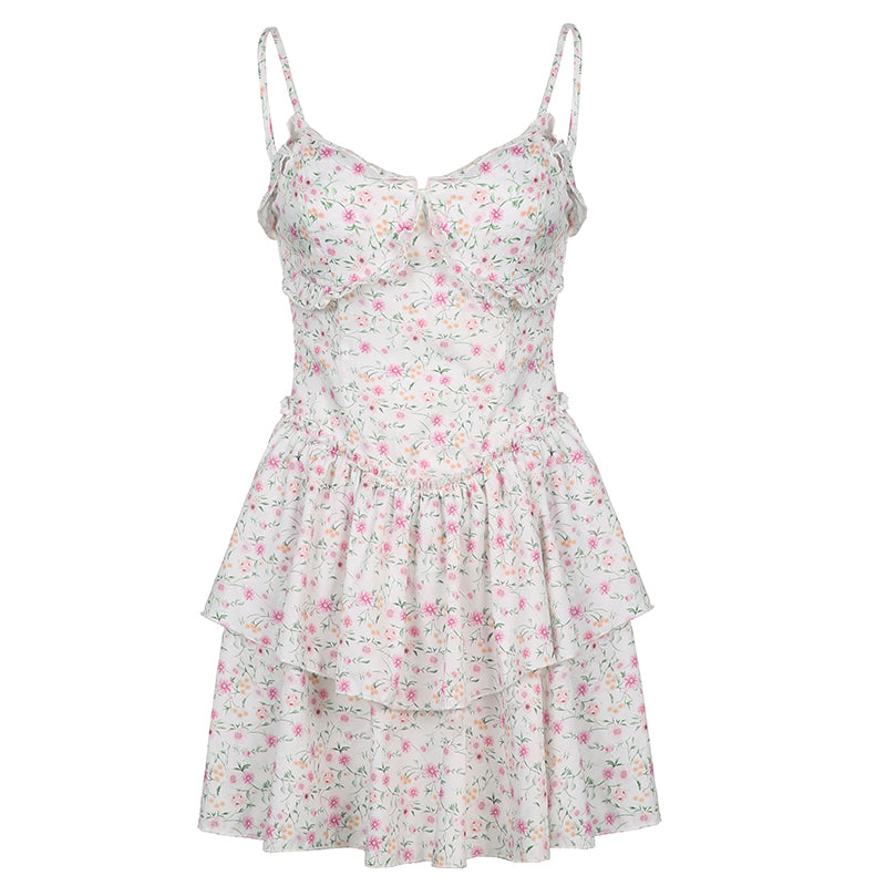 French Romantic Strap Floral Printing Summer Fashion Chic Ruffles Pleated Dress Mini Double Layer Dress The Clothing Company Sydney