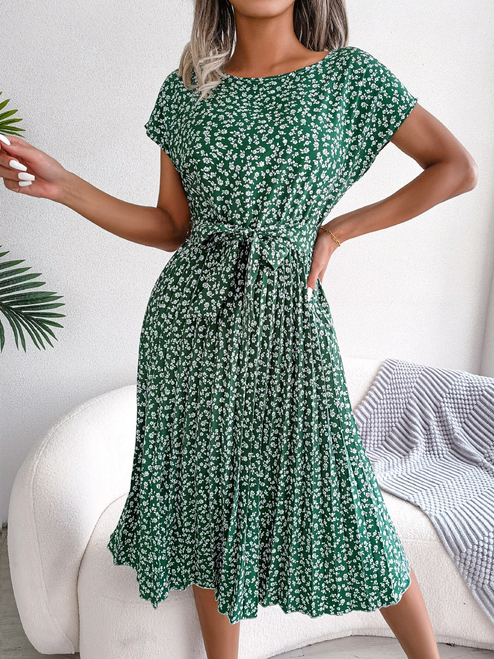 Floral Pleated A Line Long Dress Spring Summer Short Sleeve High Waist Chic Dress The Clothing Company Sydney