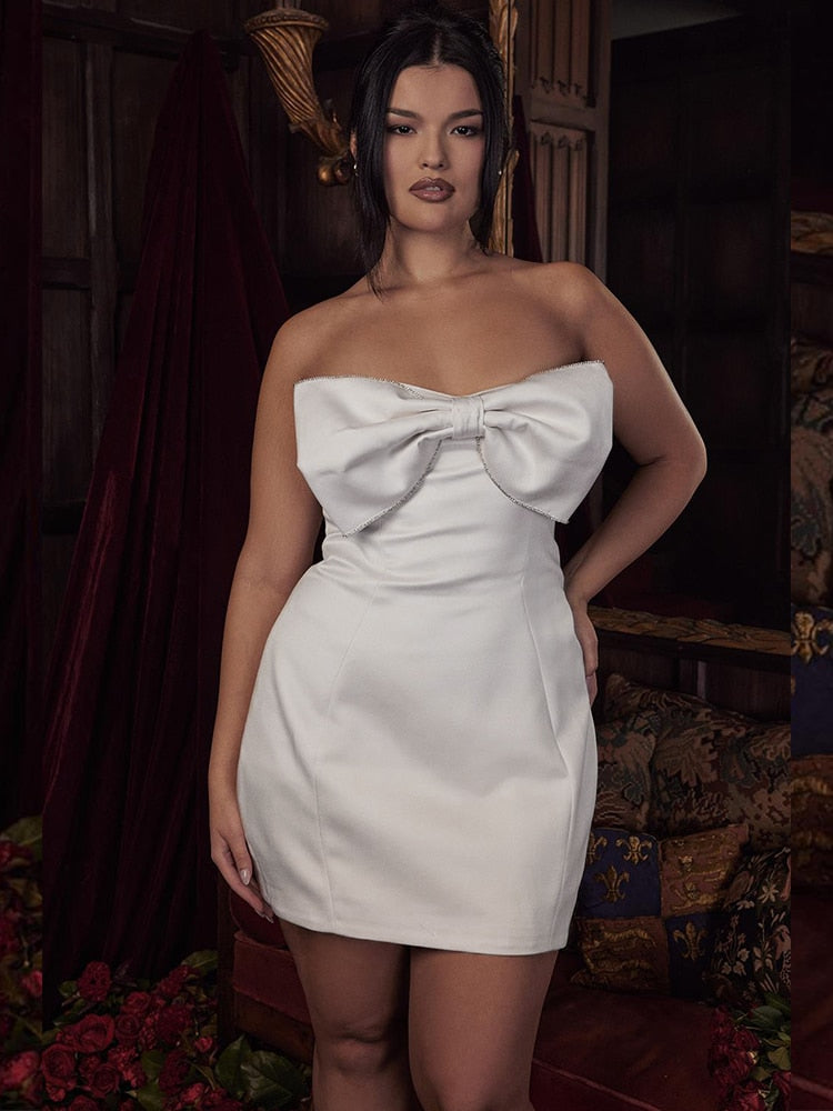 Satin Strapless White Bodycon Dress Mini Diamonds Bow Wedding Guest Night Party Dresses Summer Women's Dress The Clothing Company Sydney