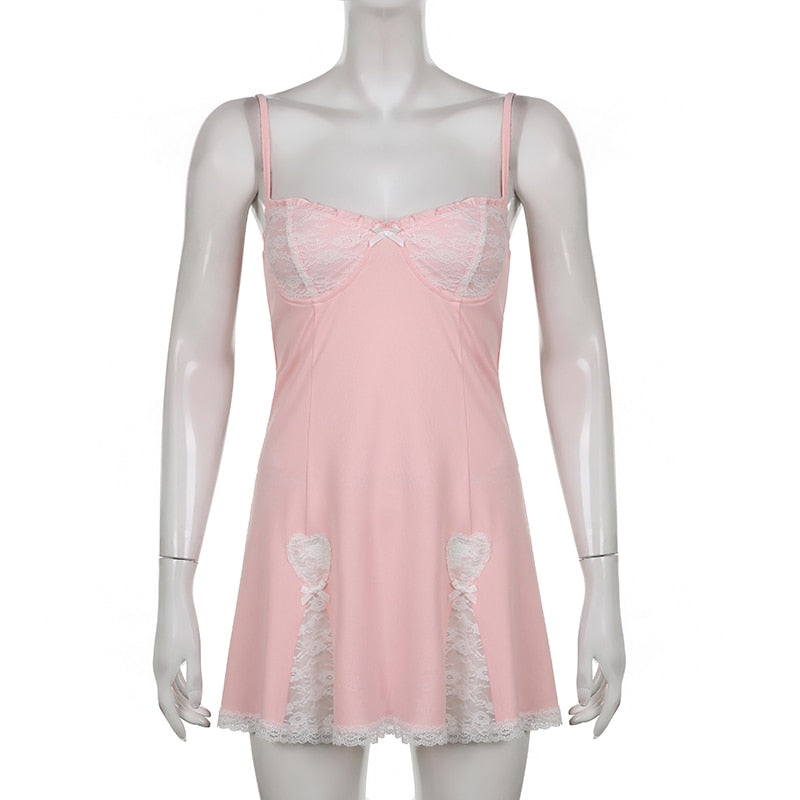 Y2K Retro Lace Patchwork Strap Bow Black Dress Mini Fashion Aesthetic Bow Club Party Dresses for Women Outfits The Clothing Company Sydney