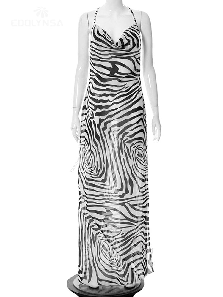 Zebra Pattern Spaghetti Strap Side Split Back Open Long Beach Dress Summer Clothes Women Beach Wear Swim Suit Cover Up The Clothing Company Sydney