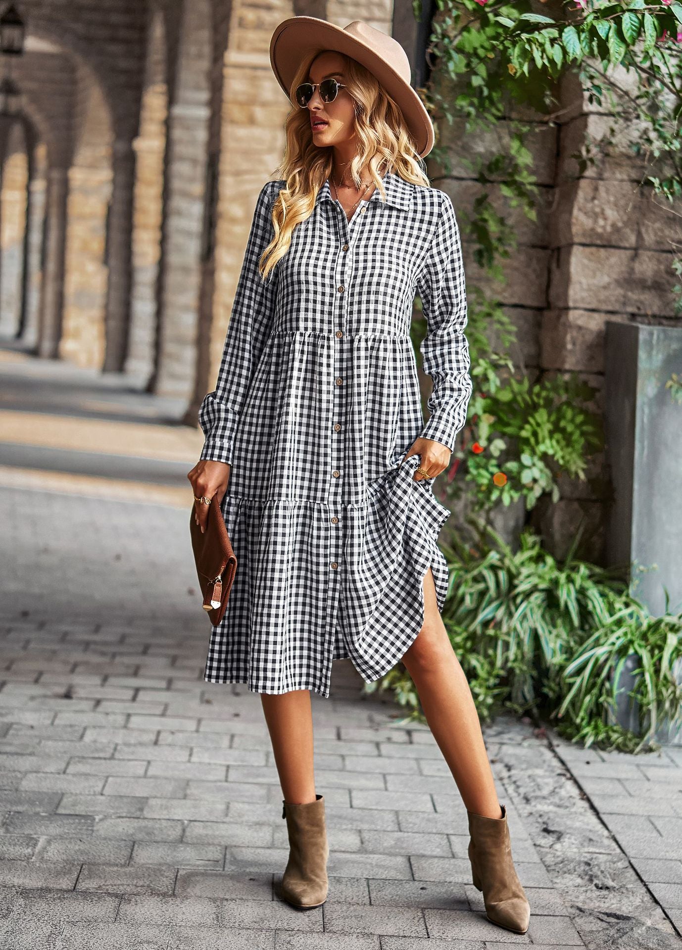 Casual Plaid Shirt Dress For Women Turn Down Long Sleeve Maxi Dress Vintage Single Breasted Patchwork Spring Autumn Dress The Clothing Company Sydney