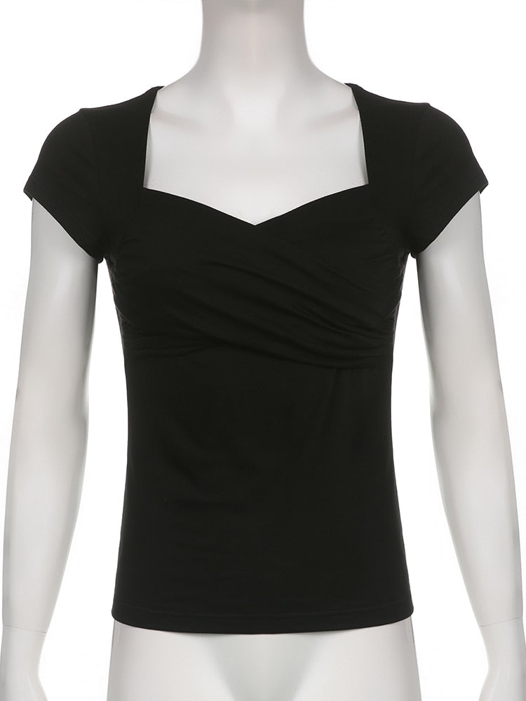 Y2K Cross Crop Top Folds Black Square Collar T Shirt Short Sleeve Square Collar Cute Chic Tee Grunge Tee Retro Top The Clothing Company Sydney