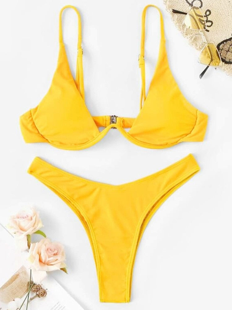 Neon V-bar Underwired Bikini Ribbed Swimsuit Women Thong Swimwear Two-pieces Bikini set Push up Bathing Suit The Clothing Company Sydney