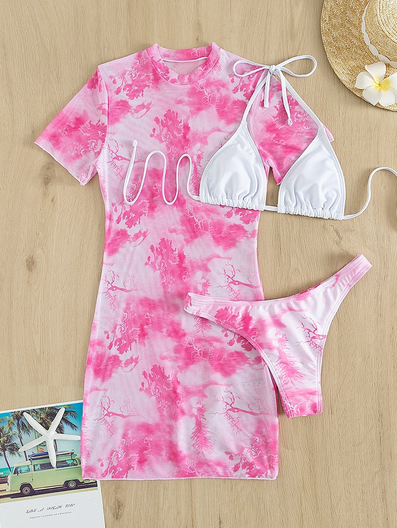 Slit Cuff Plunge Neck Three Piece Bikini Set with Cover Up Plain Swimsuit Women Swimwear Summer Beach Bathing Suit The Clothing Company Sydney