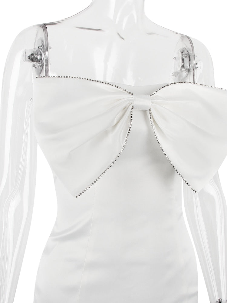 Satin Strapless White Bodycon Dress Mini Diamonds Bow Wedding Guest Night Party Dresses Summer Women's Dress The Clothing Company Sydney