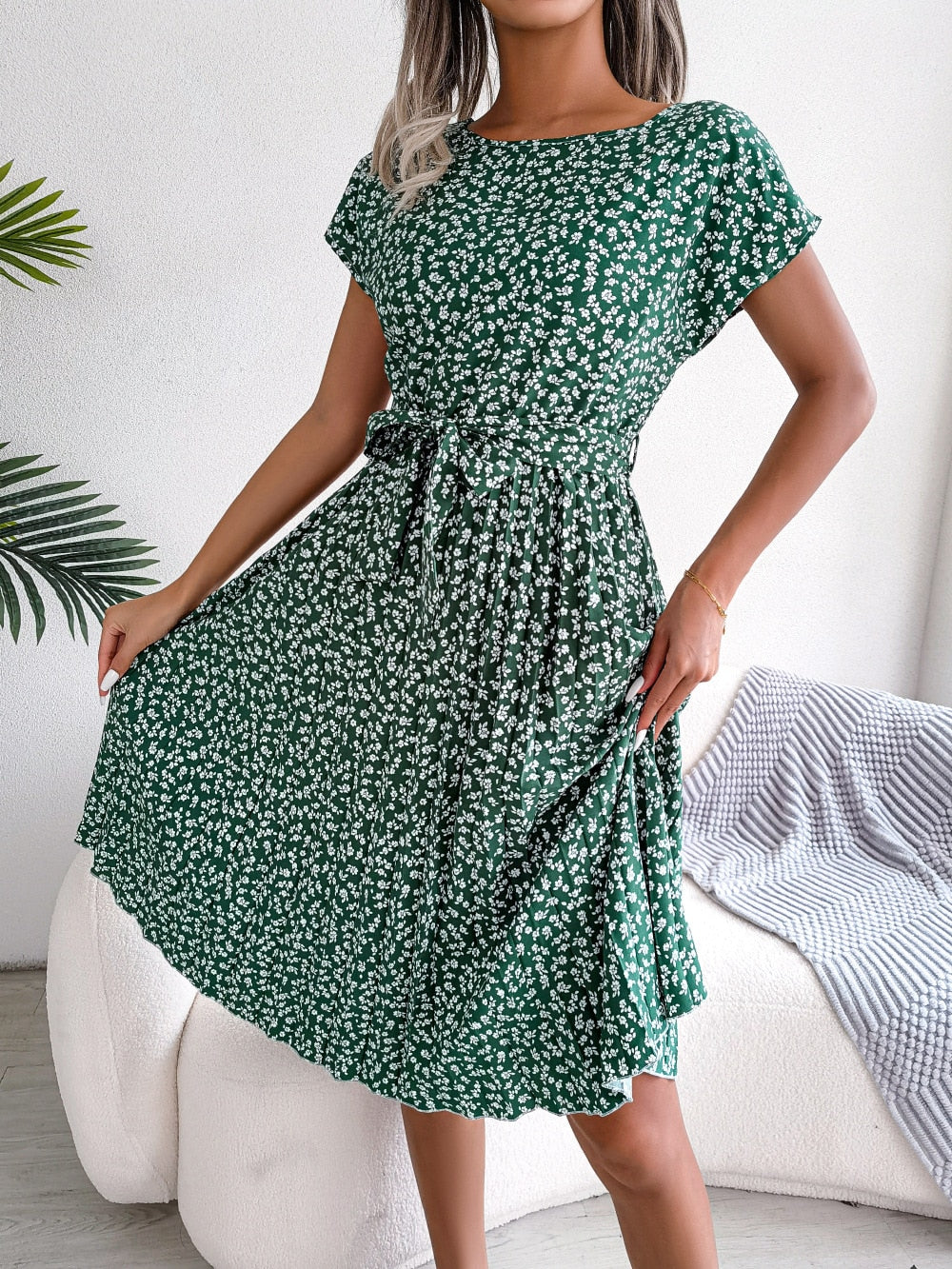 Floral Pleated A Line Long Dress Spring Summer Short Sleeve High Waist Chic Dress The Clothing Company Sydney