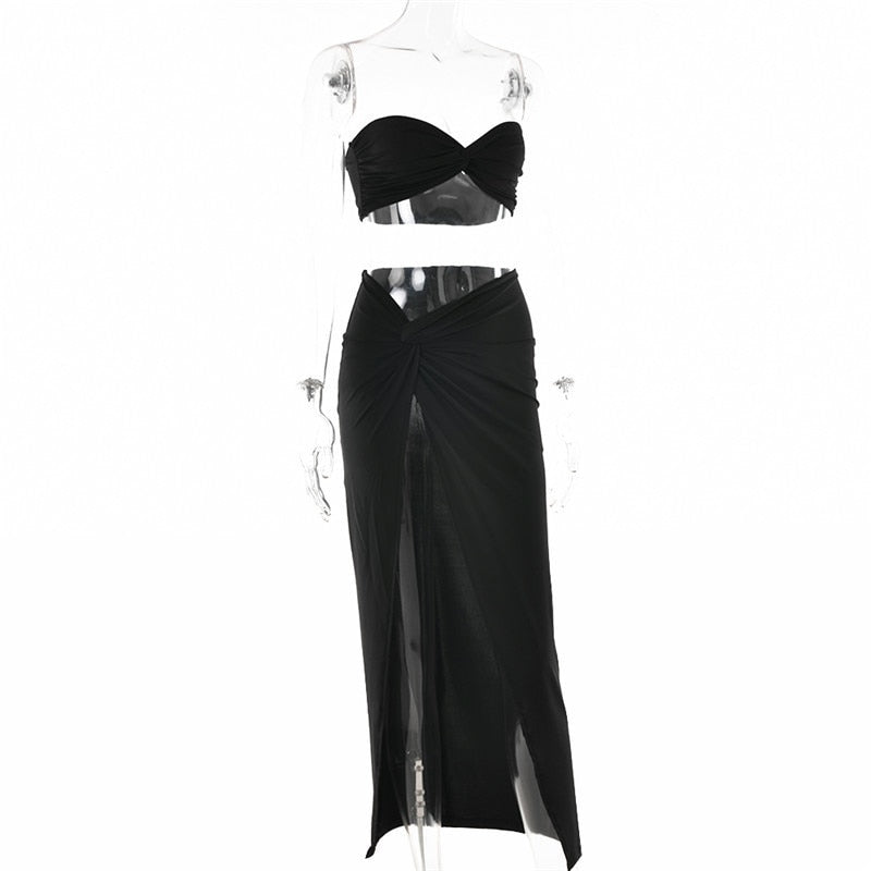 Elegant Strapless Sexy Two Piece Set Women Sleeveless Crop Top And High Split Skirt Matching Sets Party Dress Sets The Clothing Company Sydney