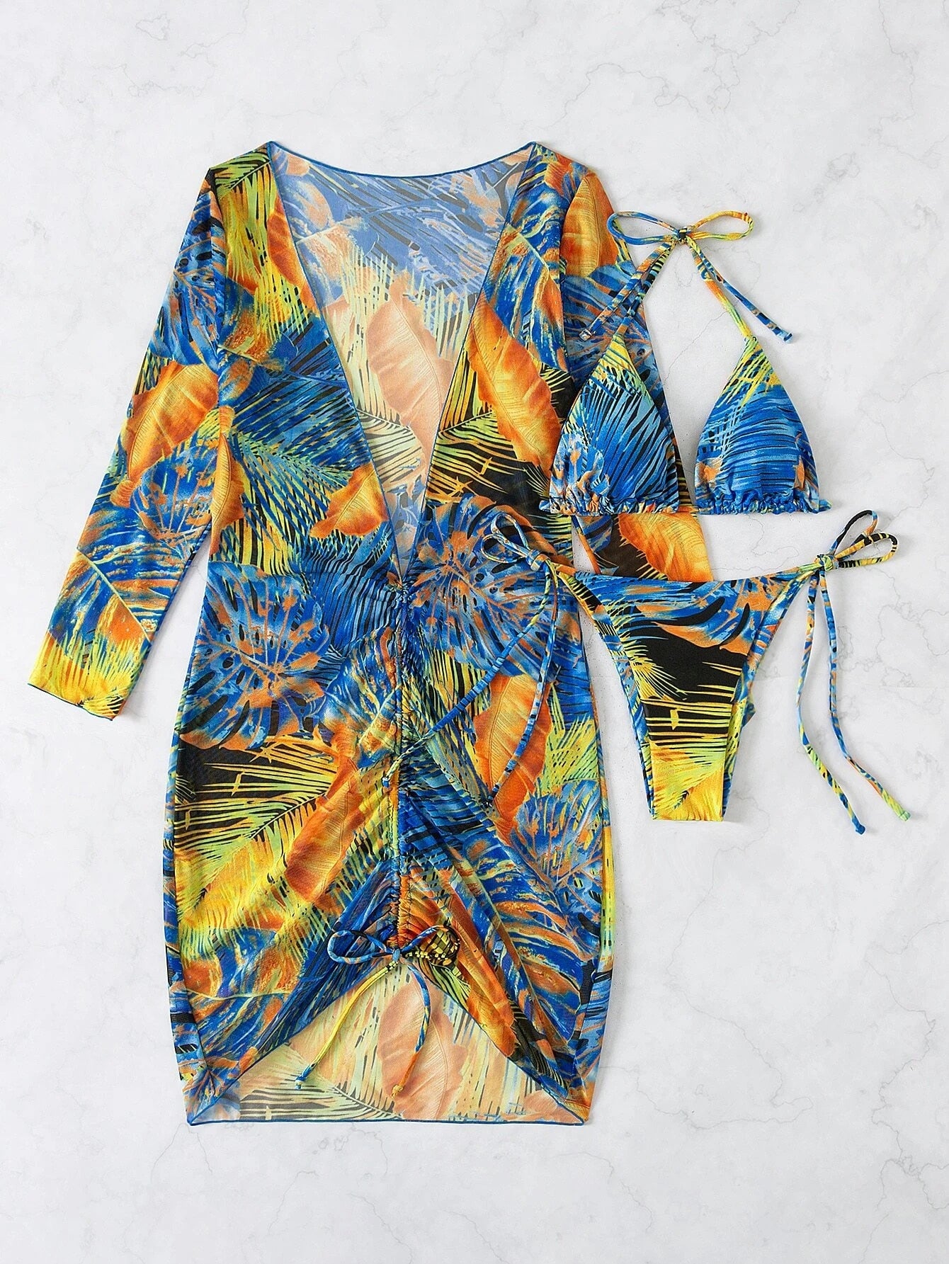 Slit Cuff Plunge Neck Three Piece Bikini Set with Cover Up Plain Swimsuit Women Swimwear Summer Beach Bathing Suit The Clothing Company Sydney