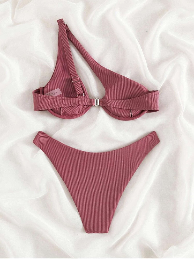 2 Piece Ribbed Bikini One Shoulder Swimwear Swimsuit Push Up Bikini Set High Cut Bathing Suit Brazilian Bikini Set The Clothing Company Sydney