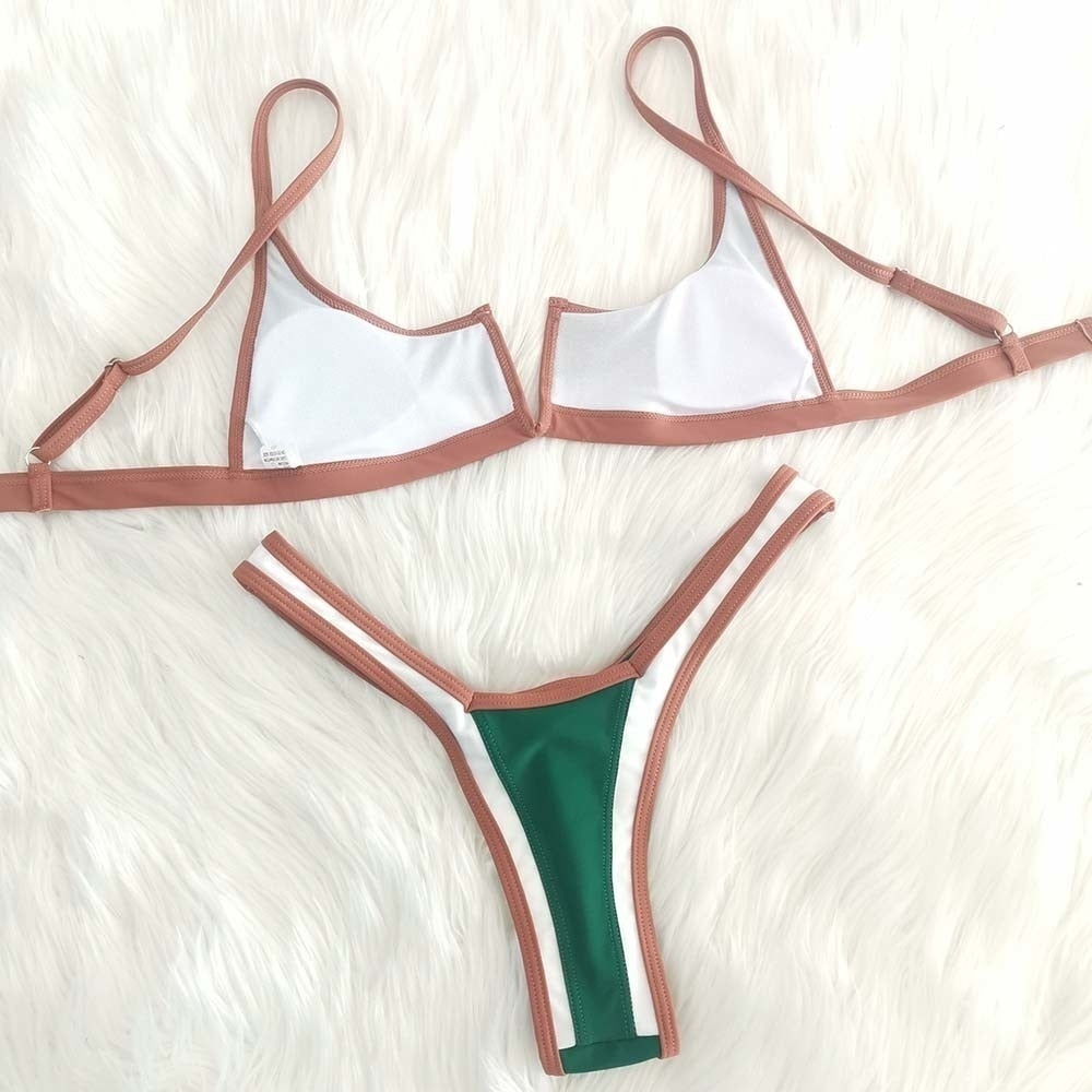 2 Piece Vintage Retro Bikini Patchwork Swimsuit Thong Brazilian Swimwear Summer Micro V-bar Green Bathing Suits The Clothing Company Sydney