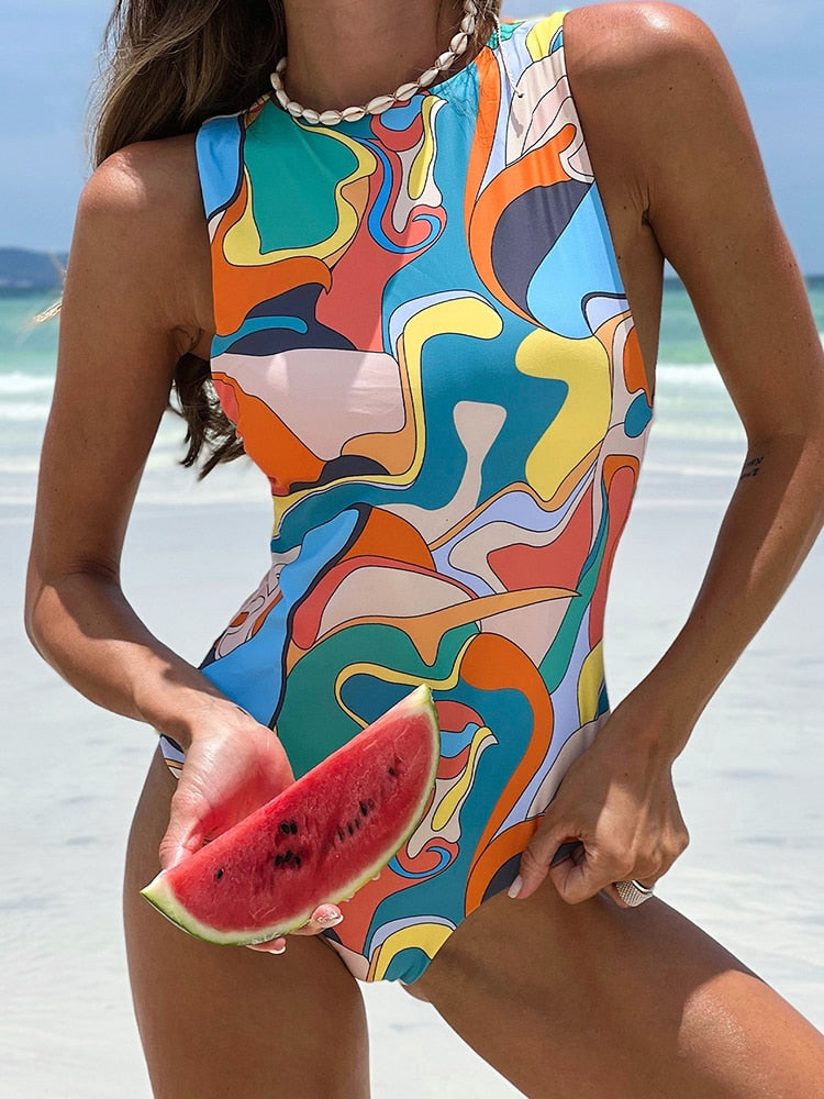 High cut swimsuit One piece swimwear vintage print bikini zipper Monokini bathing suits push up beachwear The Clothing Company Sydney